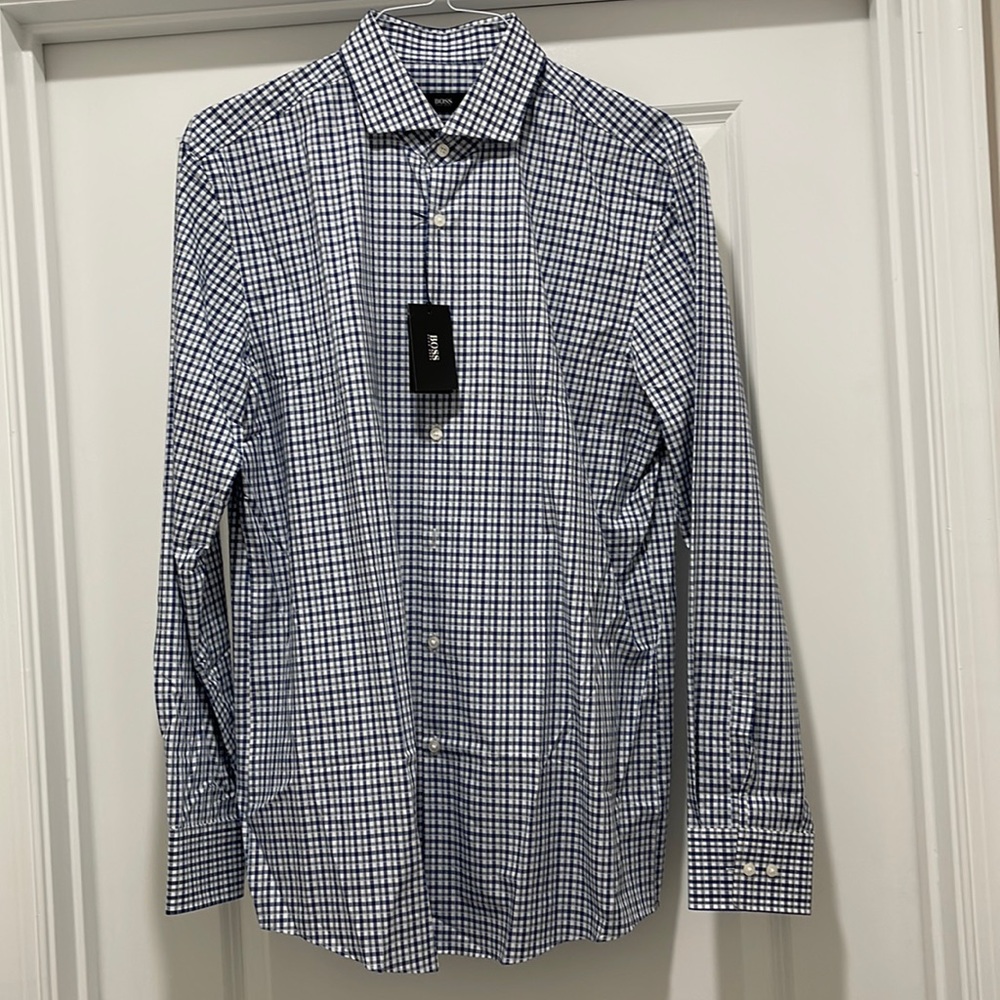 NWT Hugo Boss Dress Shirt Mark Sharp Fit 16.5 L x 34/35 Blue Check Gingham